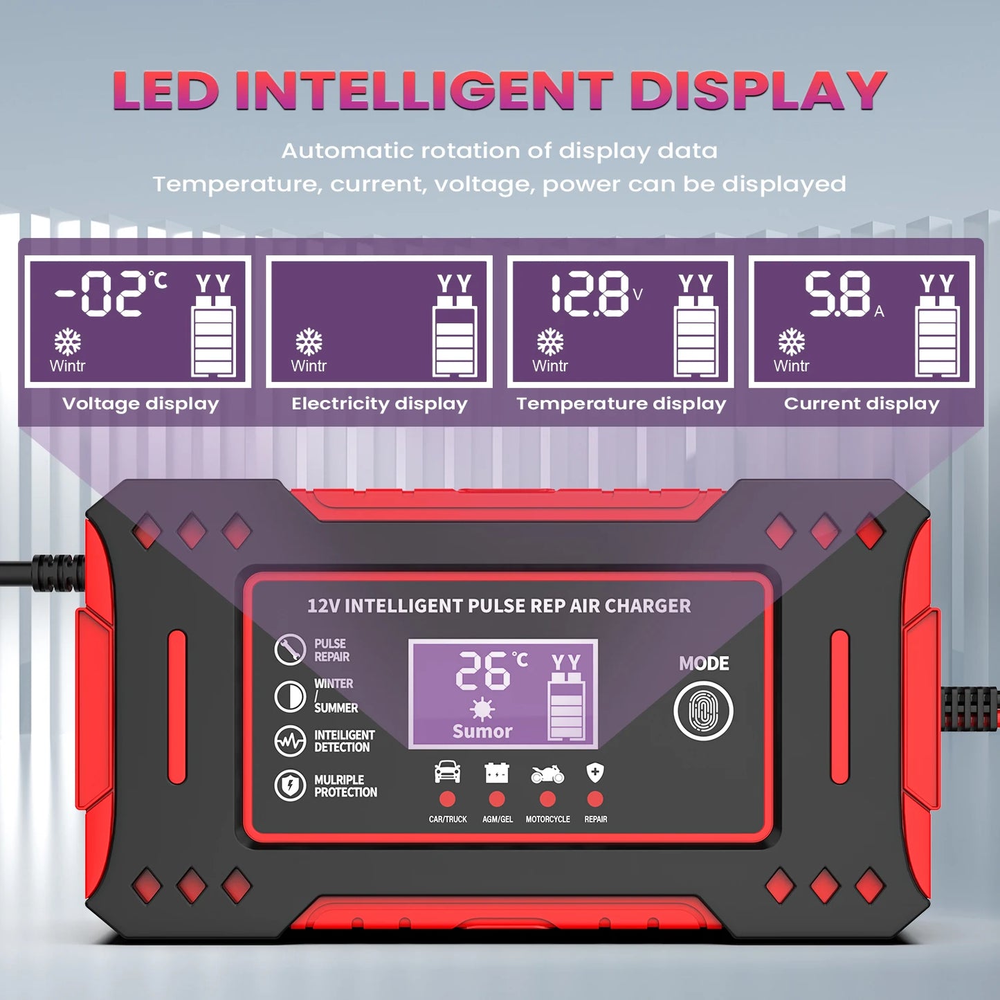 6A 12V Intelligent Car Battery Charger Car and Motorcycle Battery Charging Unit Lead-Acid Battery Repair LCD Display